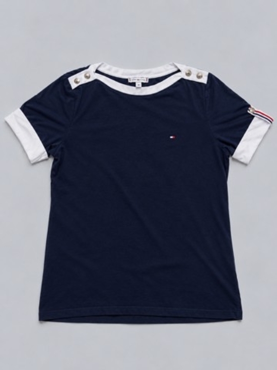 Tommy Hilfiger Tops - Tommy Hilfiger Womens Navy Short Sleeve Tee with White Trim and Shoulder Buttons